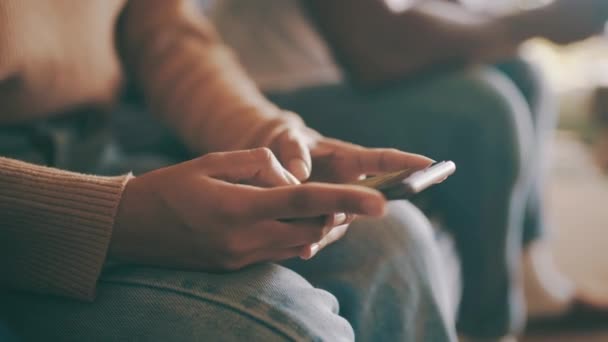 Kadın Cep Telefonu Sosyal Medya Oturma Odası Kanepesinde Sms Teknoloji — Stok video