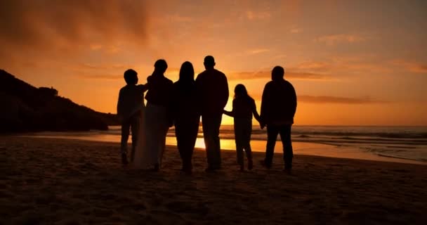 夏休み 週末の旅行でビーチで家族の夕日 ウォーキング シルエット トロピカルリゾートで海や海で手を握る人々の旅行 夕方と影 — ストック動画