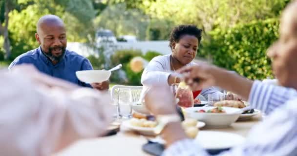 庭で話す 感謝祭の休日に会話でリラックスするために飲み物や食べ物 黒人女性 アフリカ人男性 イベントでサラダ 肉またはケアでジュースを与える パーティーやブランチ — ストック動画