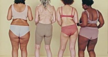 Beauty, diversity and women with butt dance, fashion and people with plus size in unity. Bum, back and self love for confident in lingerie, body positivity and wellness motivation in studio mockup.