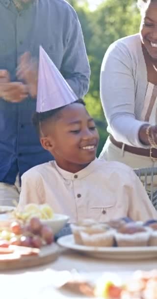 お祝い パーティー ろうそくのための公園のケーキが付いている誕生日 黒い家族および子供 お祝いのイベント アウトドアで幸せなデザートと食べ物 輝きと母親 父と子供 — ストック動画
