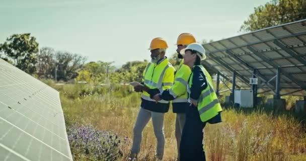Lavoro Squadra Pannello Solare Installazione Sul Campo Parlare Ispezione Elettricità — Video Stock