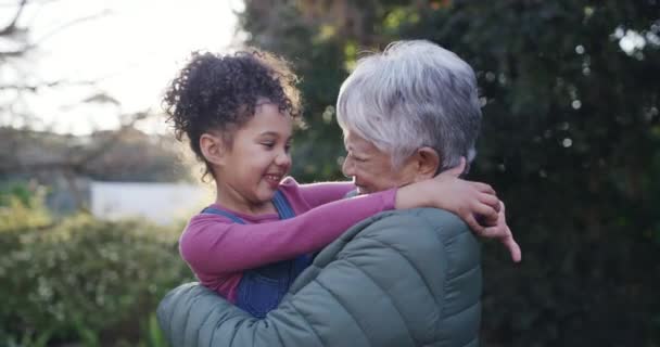 ボンディング 祖母は 公園でボンディングしたり話したりしながら愛らしい少女を運んでいます 愛する孫と時間を過ごしながら誇りと幸せを感じるシニア女性 — ストック動画
