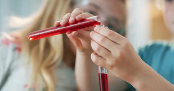 創造的なレッスン 化学実験のための液体を有する試験管 科学および子供 生物学 開発のための赤い化学物質を有する学校 若い子供 — ストック動画