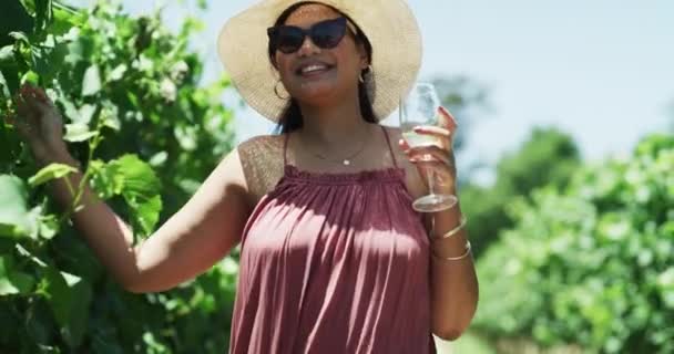 Viñedo Sonrisa Mujer Joven Para Degustación Vinos Naturaleza Caminando Por — Vídeo de stock