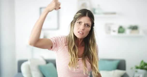 Angry Woman Face Headache Stress Mental Health Disappointed Pointing You — Stock Video