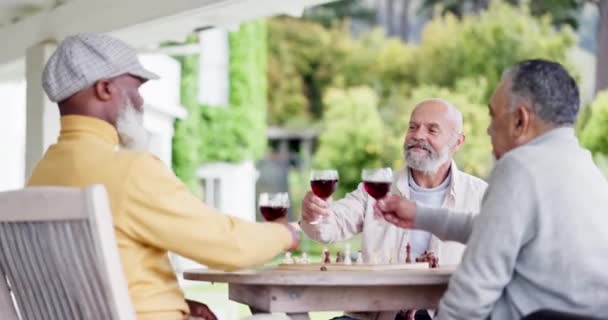 老年人 欢呼声和红酒与退休 对话和庆祝周末休息 养恤金领取者以及酗酒 户外和健康群体 幸福和健谈 — 图库视频影像
