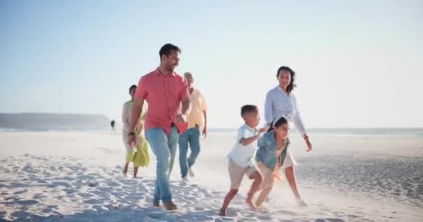 大家庭 祖父母和带着孩子在海滩上散步 牵手和度假的父母 为度假 冒险和信任而在海上或海上带孩子的男女旅行 — 图库视频影像