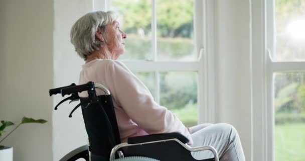 シニア女性 車椅子は 退職後の思考 アイデア ノスタルジアのための窓から 障害のある高齢者 精神衛生と不安のためのビジョン 看護施設での反射や将来 — ストック動画