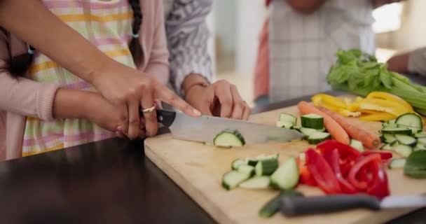 キッチンでカッティングボード上の子供や母親の料理 サラダまたは食事のための家庭で栄養 または健康的な食べ物で母親から助け 学ぶ子供 — ストック動画