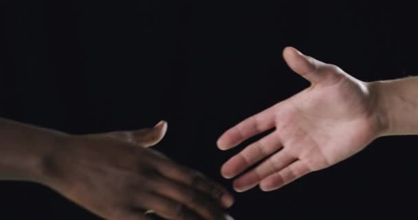 People Interracial Handshake Partnership Greeting Welcome Dark Background Closeup Person — Stock Video