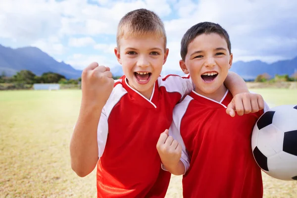 Happy Boy Portrait Friends Fist Pump Soccer Winning Celebration Outdoor Royalty Free Stock Images