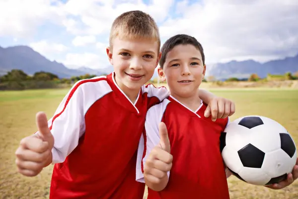 Happy Boy Portrait Friends Thumbs Soccer Winning Good Match Outdoor Royalty Free Stock Images