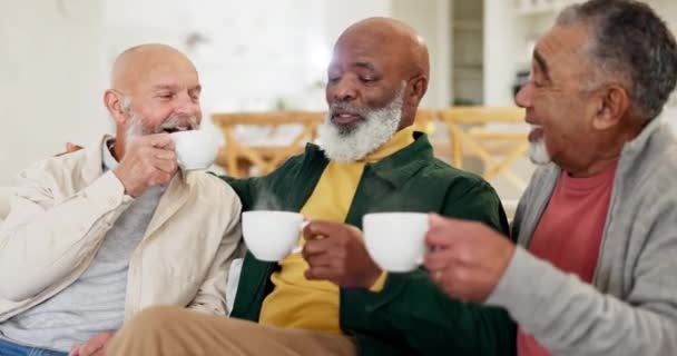 Мужчины Кофе Старшие Друзья Отставке Обсуждение Разговор Поддержки Связи Вместе — стоковое видео