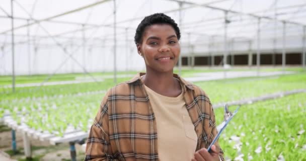 可持续的和女性在温室中的脸与清单研究或学习植物学 带剪贴板的生态农业 草药和非洲研究人员 — 图库视频影像