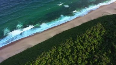 Okyanus sahili, doğa ve insansız hava araçları açık hava uyumu, özgürlük ve doğal çevre ağaçları. Çevre dostu arka plan, deniz dalgaları ve Brezilya 'daki tropik ada kumunun konumu.