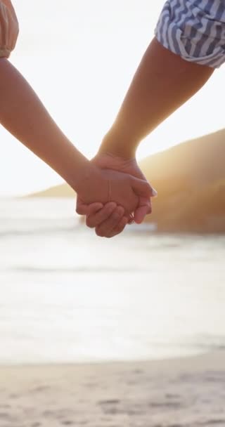 自由和恋人牵着手与海滩日落旅行 支持和结合分手特写 度假和大自然中的人 为了出游 度假或冒险 旅行或浪漫 — 图库视频影像