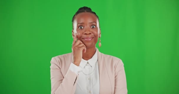 Πρόσωπο Πράσινη Οθόνη Και Μαύρη Γυναίκα Ιδέα Σκέψη Και Λύση — Αρχείο Βίντεο