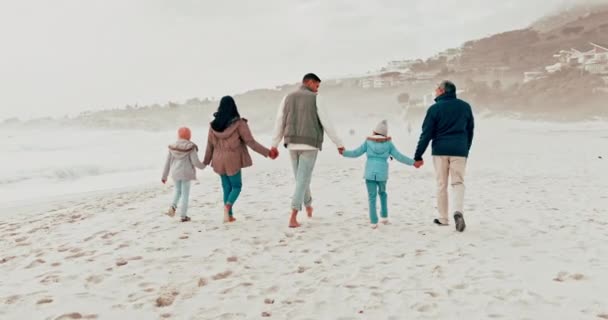 ビーチ そして家族の背中は そして休暇を共に持って自然の中で手を握っています 両親と祖父母を持つ子供たちは 海の旅を歩いています 休日と旅行について — ストック動画