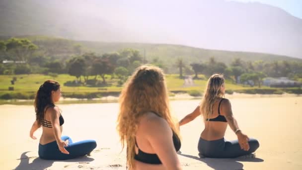 Strand Nők Barátok Fitness Jóga Wellness Napsütéssel Meditáció Testmozgás Csoport — Stock videók