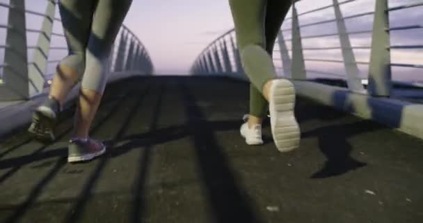 Přátelé Běh Fitness Mostě Noci Mluvení Ženy Spolupráci Při Cvičení — Stock video