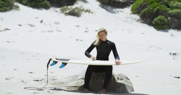 Femme Cire Planche Surf Vacances Plage Pour Explorer Les Vagues — Video