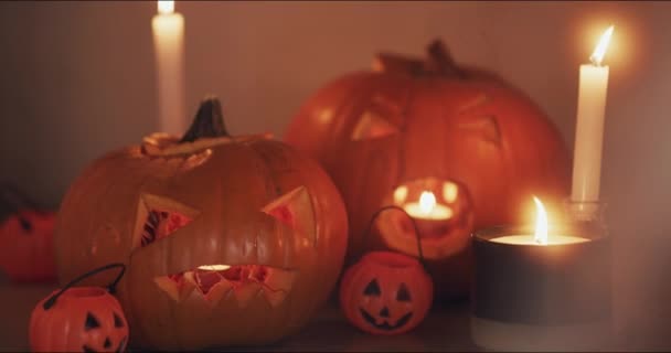 Zucca Luce Candela Decorazione Halloween Orrore Decorazione Spettrale Terrificante Sul — Video Stock