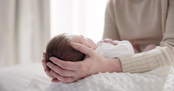 Nyfödd Baby Mor Och Händer Hår Med Kärlek Till Beröring — Stockvideo