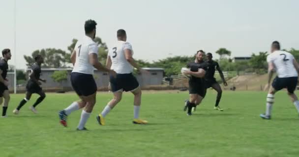 Rugby Kör Och Lag Med Boll Plan För Spel Match — Stockvideo