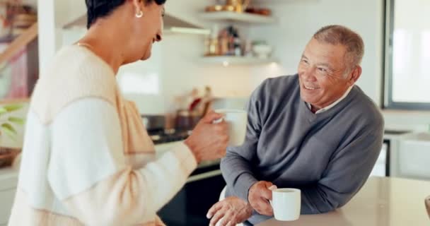 Yaşlı Çift Mutfakta Kahve Emeklilikle Konuşun Sevgi Iletişimle Bağ Kurun — Stok video
