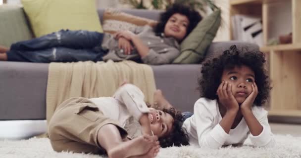 Children Relax Watching Living Room Cartoon Movie Calm Play Weekend — Stock Video