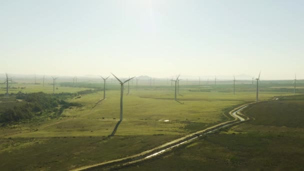 農場の持続可能性 環境にやさしい電気または自然の緑の生産に関する空気の眺め 風車または再生可能エネルギー ドローン ブルースカイ ドイツ エコロジー パワー イノベーションインフラのモックアップ — ストック動画
