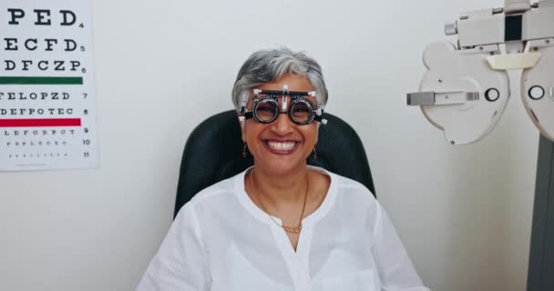Eye Exam Trial Frame Happy Woman Patient Client Smile Vision — Stock Video