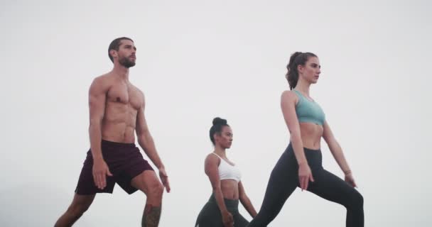 Fitness Ioga Pessoas Com Corpo Esticar Natureza Para Treinamento Bem — Vídeo de Stock