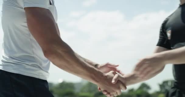 Rugby Teamwork Handen Schudden Het Veld Spel Sport Respect Met — Stockvideo