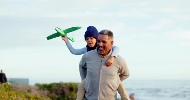 Starszy Mężczyzna Dziecko Plaża Samolotem Gry Lub Odkryty Dla Miłości — Wideo stockowe