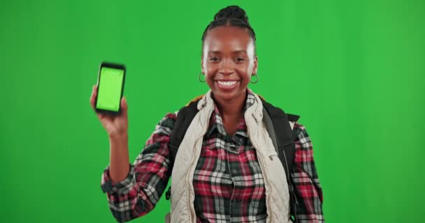 Портрет Зелений Екран Або Чорна Жінка Телефоном Або Великими Пальцями — стокове відео