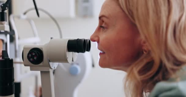 Eye Care Machine Test Woman Doctor Office Check Iris Pupil — Stock Video