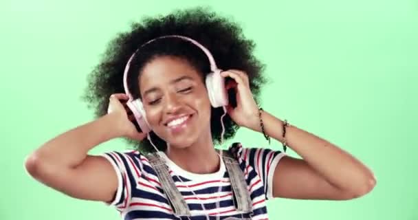 Zielony Ekran Słuchawki Kobieta Lub Muzyka Taniec Streaming Radia Lub — Wideo stockowe