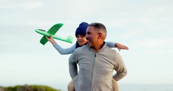 おもちゃの飛行機が付いている男 子供およびビーチ ライトハウスによって愛 心配および結合が付いているゲームそして屋外 海で豚と一緒に遊んでいるおじいちゃん 男の子 飛行機 — ストック動画