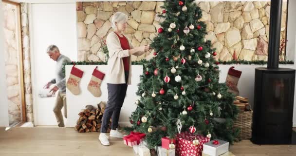 Noel Ağacı Süsleme Eğlenceli Bir Tatil Tatili Için Oturma Odasında — Stok video
