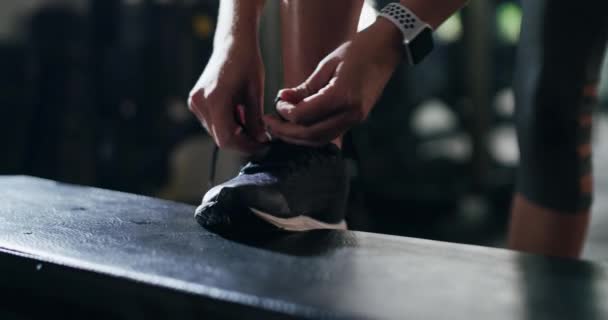 Persona Manos Zapatos Atar Gimnasio Preparándose Para Entrenamiento Ejercicio Entrenamiento — Vídeos de Stock