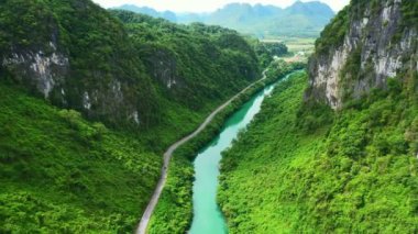 İnsansız hava aracı, nehir ve yol ormanlık alanda, kırsal bölgelerde ve ağaçlarda. Seyahat, manzara ve vadi Vietnam 'ın doğa, yaz ve otoyol manzaralı ormanlık alanları..