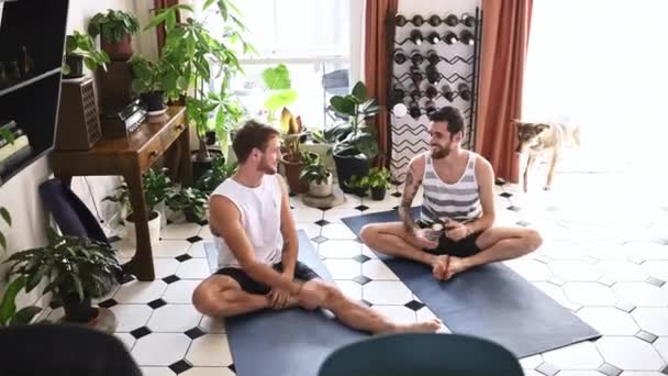 Hund Mensch Oder Yoga Machen Pause Heimischen Wohnzimmer Sich Nach — Stockvideo