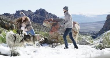 Mutlu bir çift, dağda kar, kış ve köpeklerle oynuyor. Tatil, macera, açık hava ve doğa için oyun ve romantizm eğlence için İzlanda 'da hobi ve zirve.