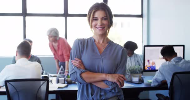 Felicidade Braços Cruzados Mulher Profissional Confiante Líder Equipe Designer Com — Vídeo de Stock