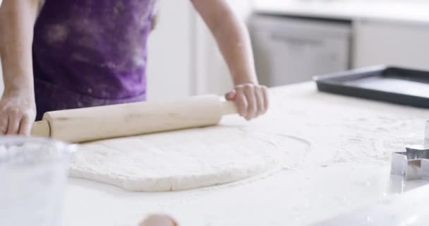 Hands Girl Rolling Pin Pastry Baking Learning Cookies Cooking Kitchen — Stock Video