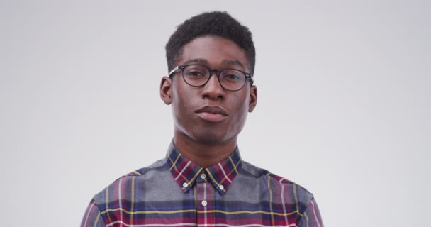 Serious Black Man Glasses Face Nerd Geek Isolated Studio Background — Stock Video