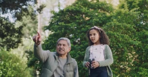 Perhesidonta Kiikareilla Tutkiminen Isoisä Ulkona Seikkailu Lapsenlapsen Kanssa Eläkkeellä Vanhempi — kuvapankkivideo