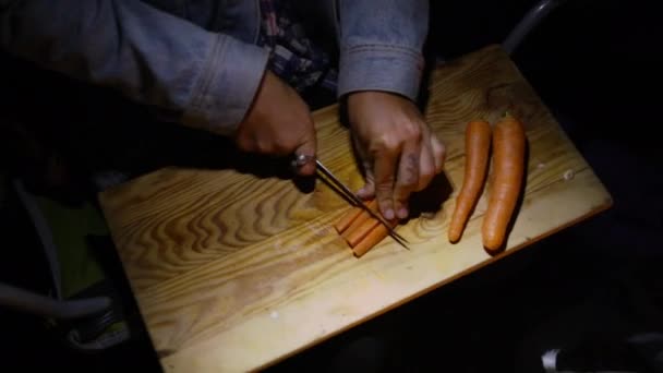 Ręce Gotowanie Warzywa Ogniem Kemping Odżywianie Zdrowe Jedzenie Nocy Lecie — Wideo stockowe